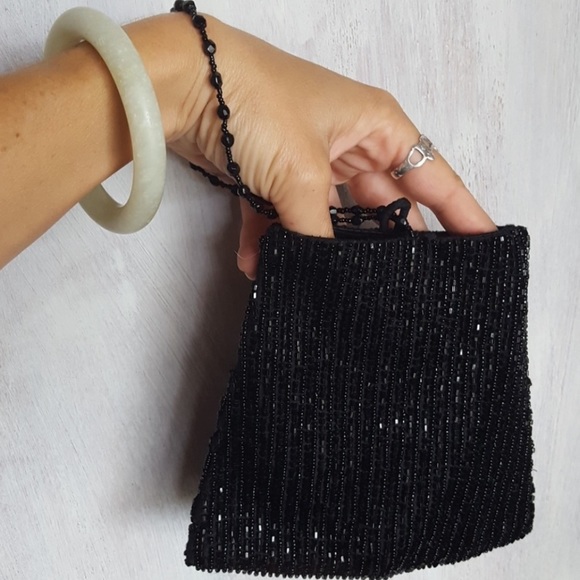 Vintage 80s Black Beaded Evening Bag by Moyna - Picture 8 of 15